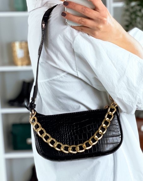 Black croc-effect handbag with golden chain