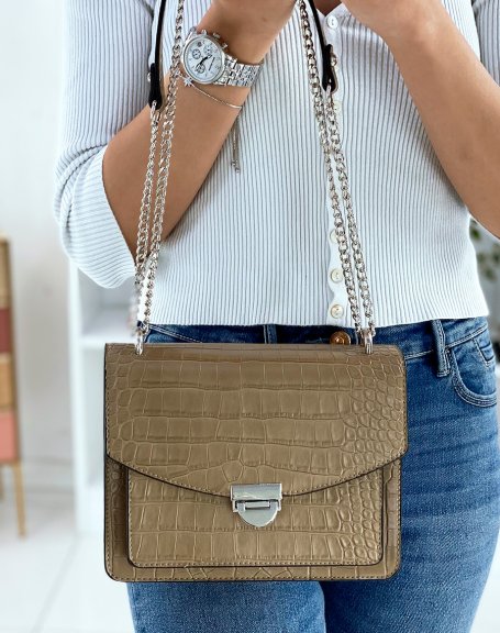 Taupe croc-effect bag with silver chain shoulder strap