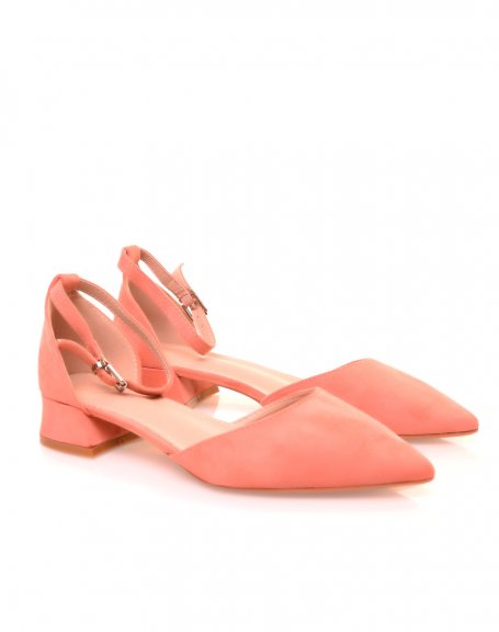 Aged pink suedette pumps with low heel