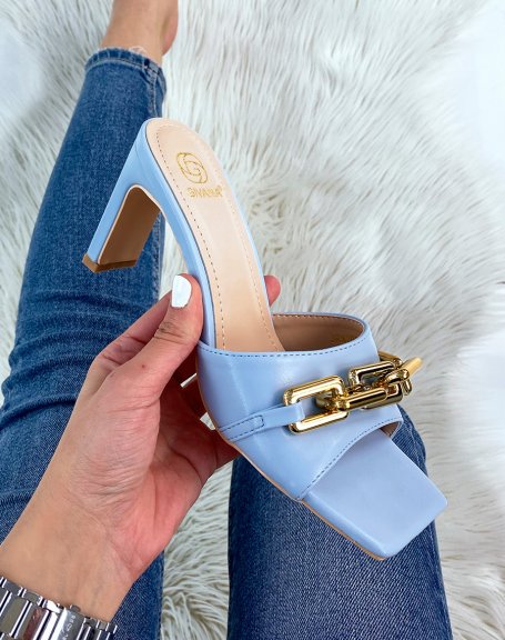 Baby blue heeled mules with golden chain