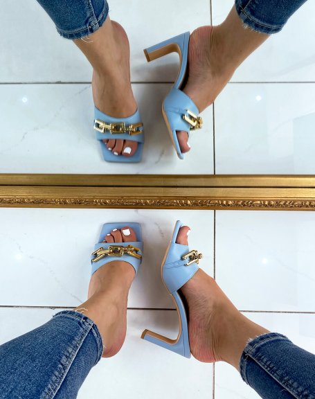 Baby blue heeled mules with golden chain