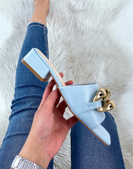 Baby blue mules with small heel and big chain