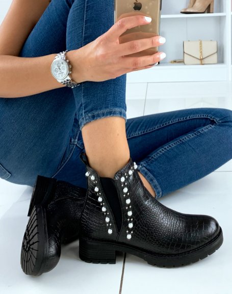 Beaded and studded black croc-effect low boots