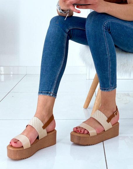Beige and camel wedge sandals