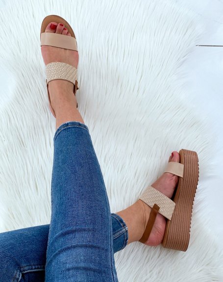 Beige and camel wedge sandals