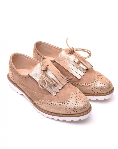 Beige and champagne bi-material derbies with fringes