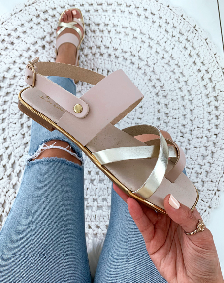 Beige and gold leather slippers with multiple crisscrossing straps