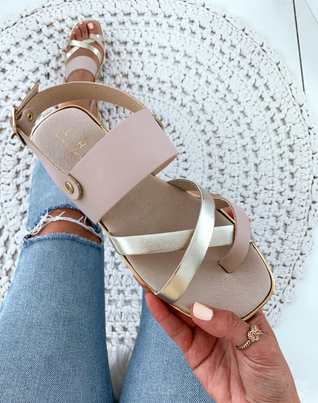 Beige and gold leather slippers with multiple crisscrossing straps