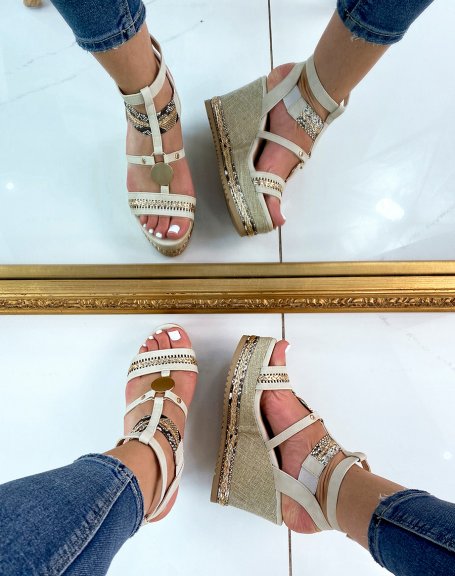 Beige and gold wedge sandals