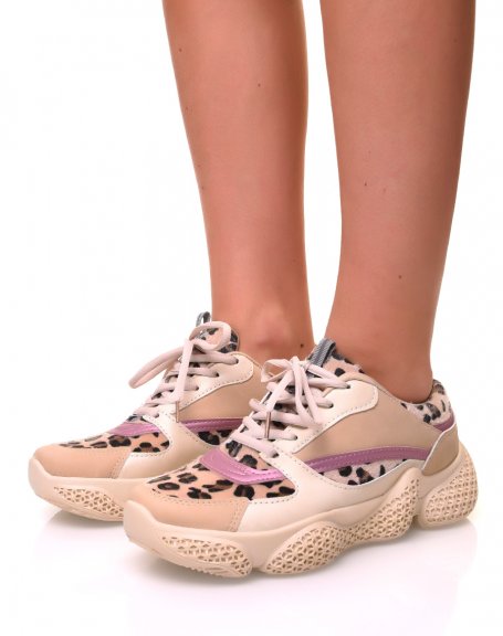 Beige and leopard glitter sneakers with laces and embossed sole