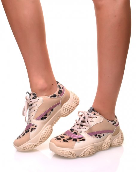 Beige and leopard glitter sneakers with laces and embossed sole