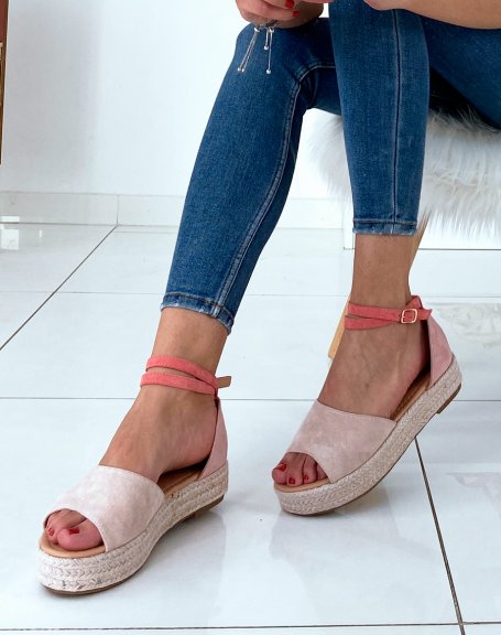 Beige and pale pink suedette wedge sandals