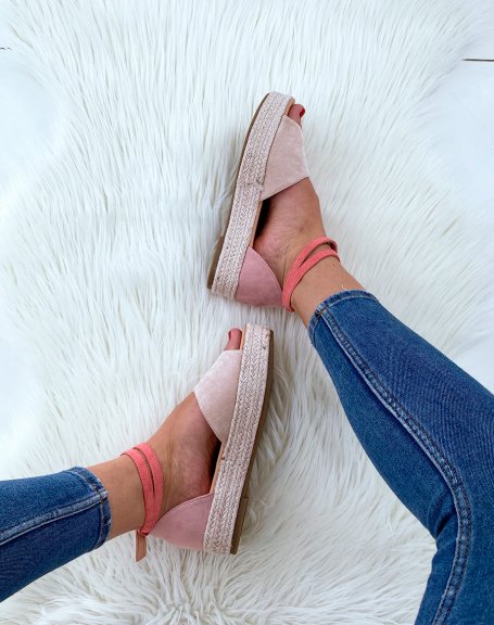 Beige and pale pink suedette wedge sandals
