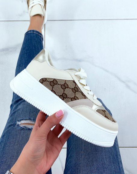 Beige and white sneakers with fabric and pattern inserts
