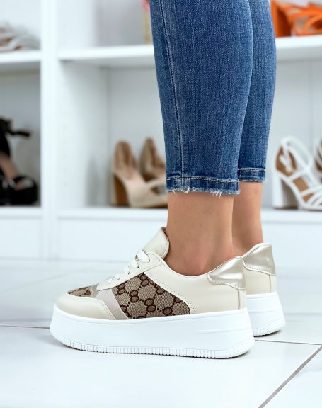 Beige and white sneakers with fabric and pattern inserts