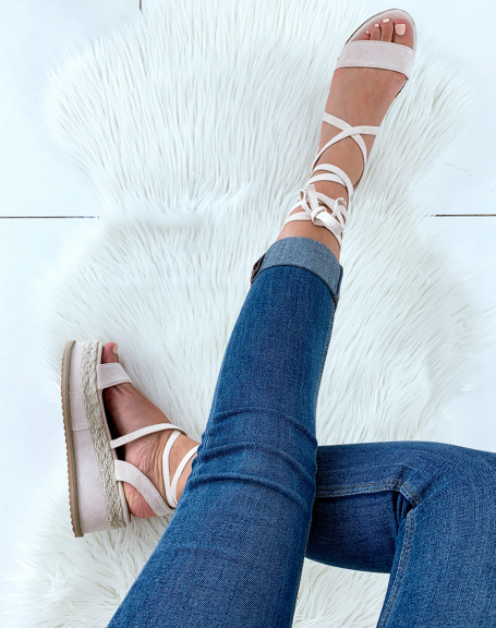 Beige and wicker lace-up wedge sandals