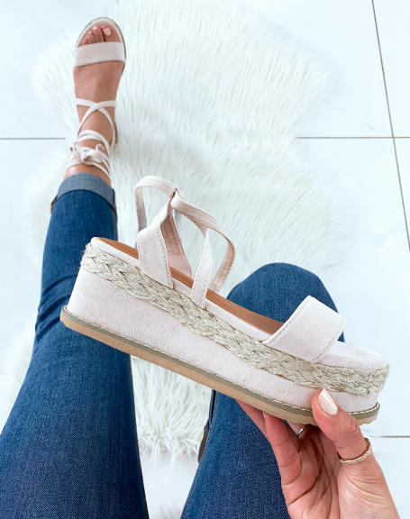 Beige and wicker lace-up wedge sandals