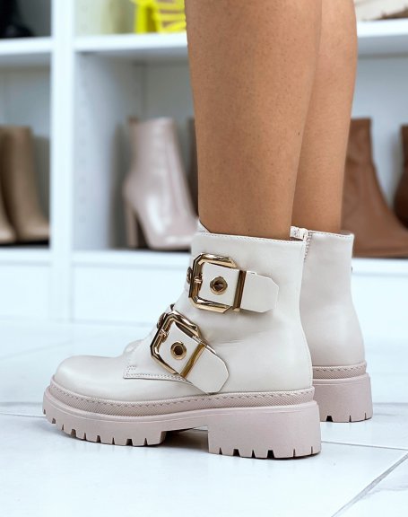 Beige ankle boots with double straps