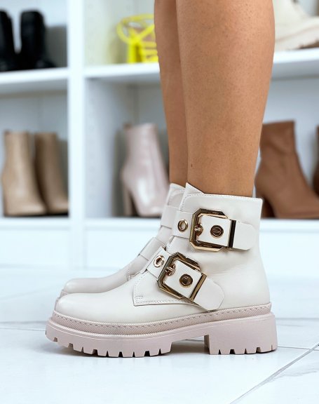Beige ankle boots with double straps