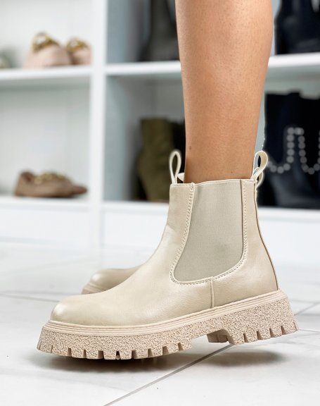 Beige ankle boots with elastic and chunky sole