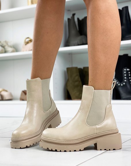 Beige ankle boots with elastic and heeled sole