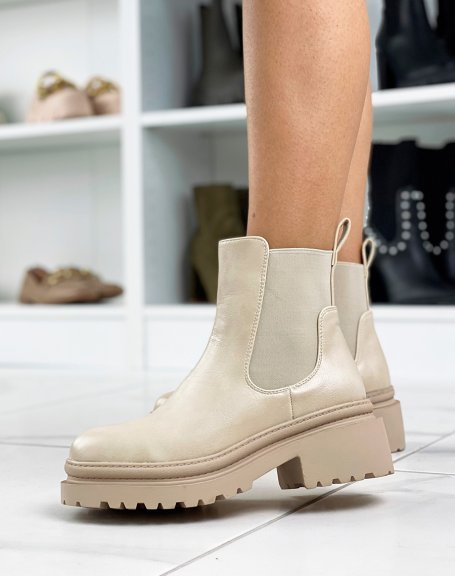 Beige ankle boots with elastic and heeled sole