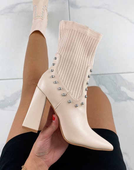 Beige ankle boots with heel and pointed toe sock effect
