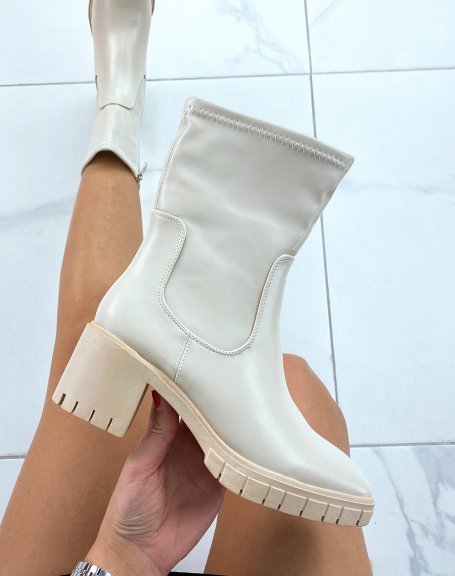 Beige ankle boots with heel and soft shaft with square toe