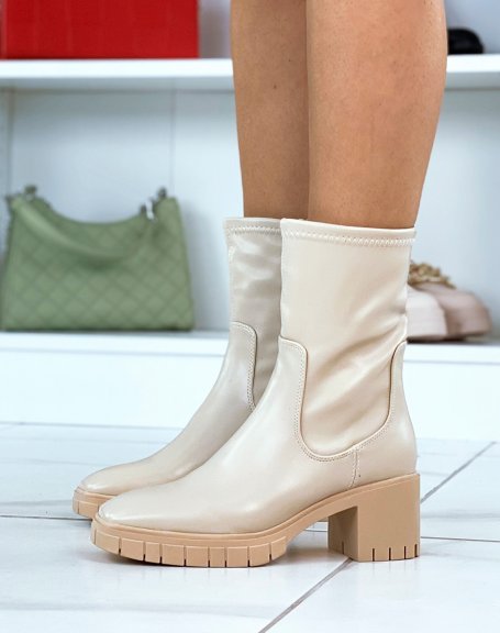 Beige ankle boots with heel and soft shaft with square toe
