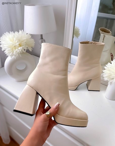 Beige ankle boots with square toe and imposing heel