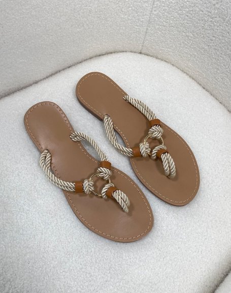 Beige barefoot with braided rope straps and gold ring