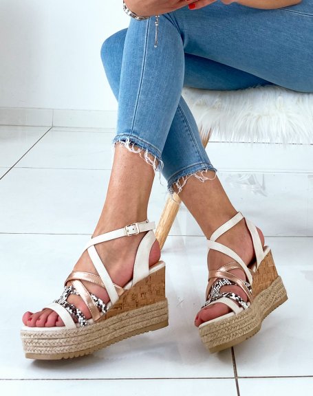 Beige bi-material wedges with python and copper effect