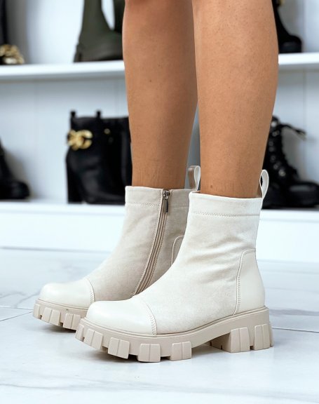 Beige bimaterial suede ankle boots