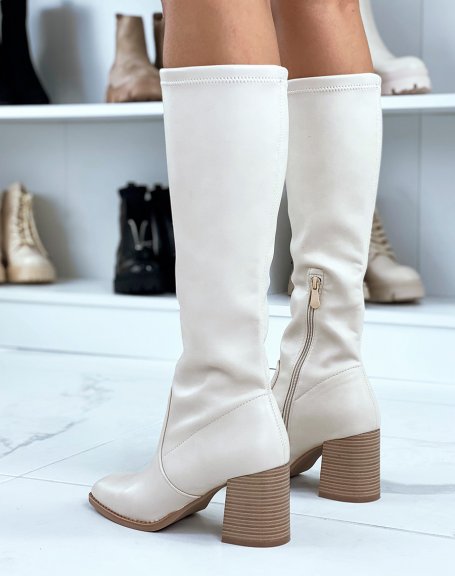 Beige boots with heel and square toe