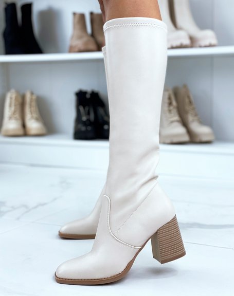 Beige boots with heel and square toe
