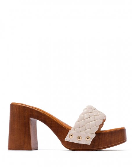Beige braided mules with wooden style heel