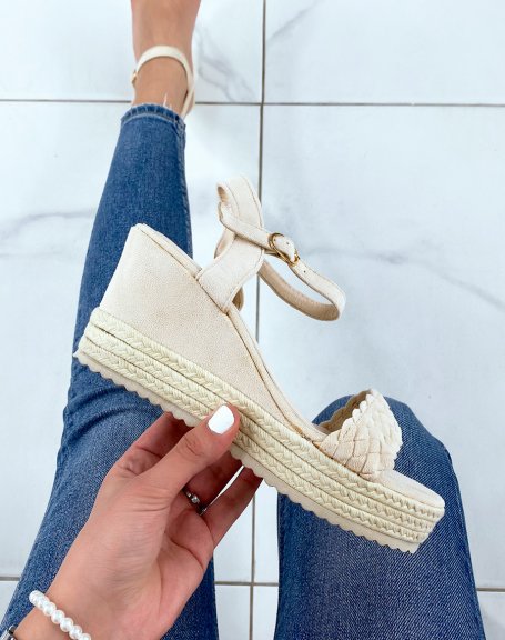 Beige braided sandals with bi-material wedge heel