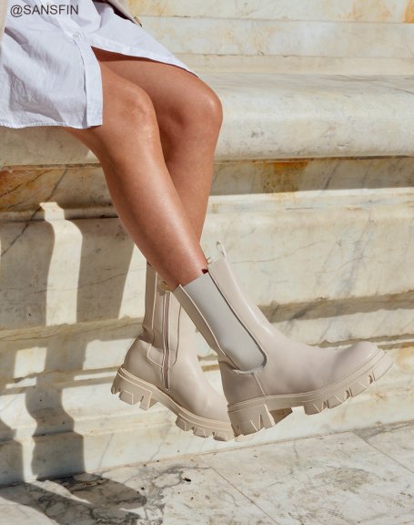 Beige Chelsea boots with heel and lug sole