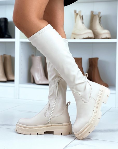 Beige chelsea-inspired chunky flat sole boots