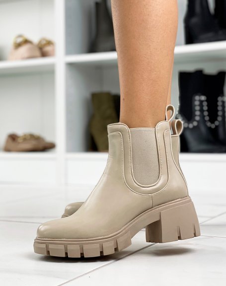 Beige Chelsea-inspired low-heeled ankle boots