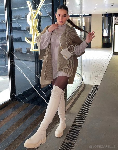 Beige chelsea-inspired thigh-high boots with chunky flat sole