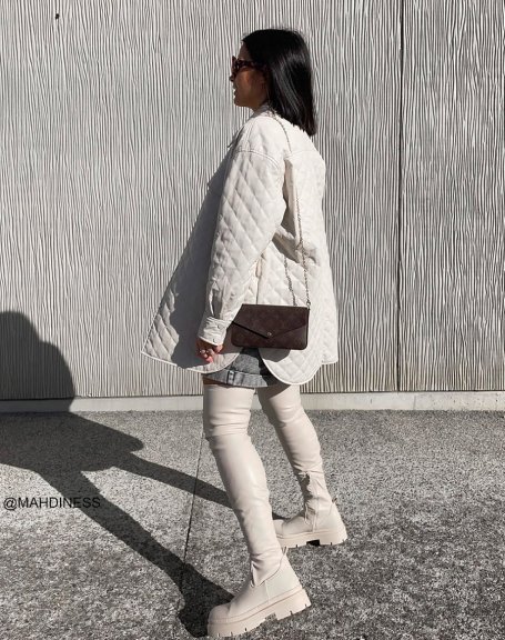 Beige chelsea-inspired thigh-high boots with chunky flat sole