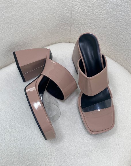 Beige chunky heel mules with black and transparent straps