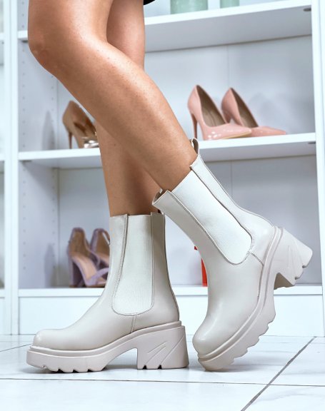 Beige chunky high heel chelsea boots