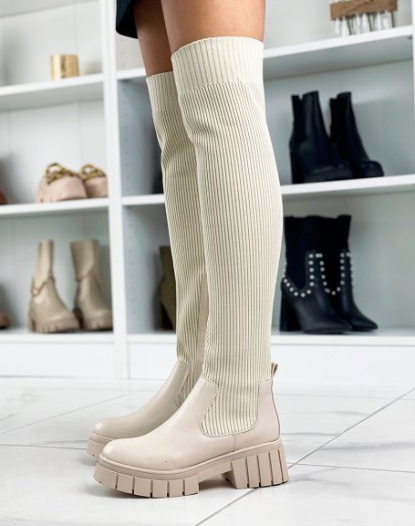 Beige chunky sock-effect over-the-knee boots