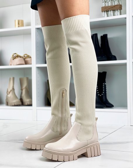 Beige chunky sock-effect over-the-knee boots