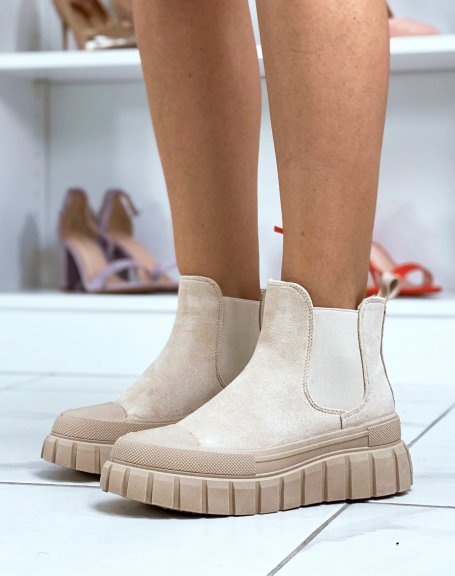Beige chunky suedette chelsea boots