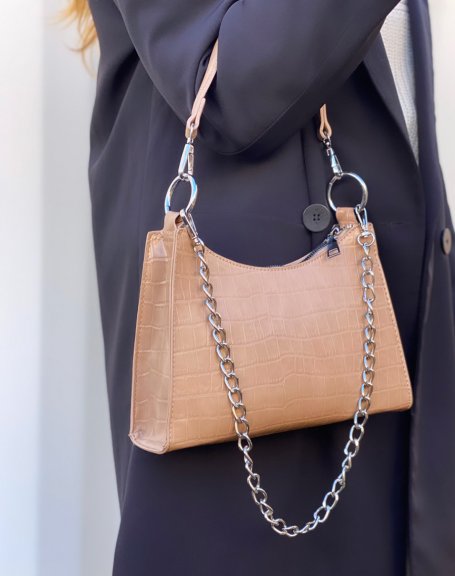 Beige croc-effect handbag adorned with a chain