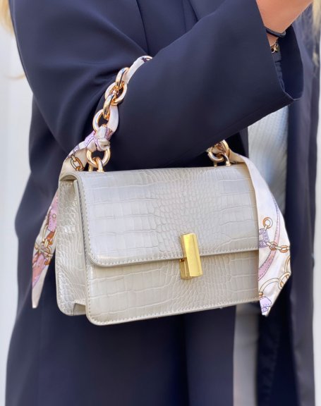 Beige croc-effect handbag with scarf handle