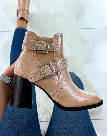 Beige croc-effect heeled ankle boots with square toe